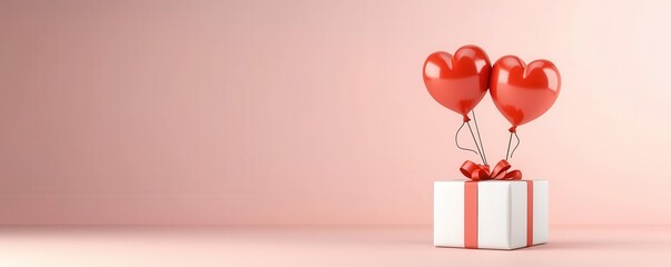 White gift box with red heart balloons on pink background.