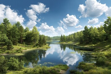 Obraz premium Scenic lake landscape with forest and clouds