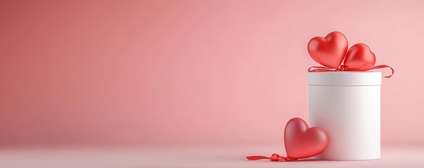 White gift box with red hearts on a pink background.