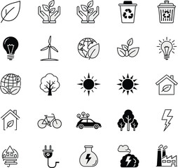 Collection of minimalist eco friendly icons illustrating sustainability and environmental protection