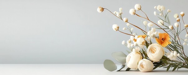 White flowers on a gray background, copy space