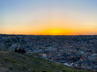 Panorama view of fairy chimneys and the red valley on a beautiful sunset in Goreme, Cappadocia 