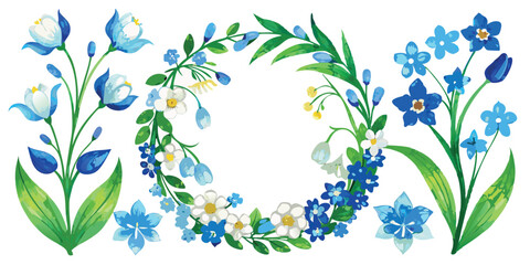Fototapeta premium Watercolor Set of Blue Forget-Me-Nots and White Lilies of the Valley Frames, Wreaths & Borders