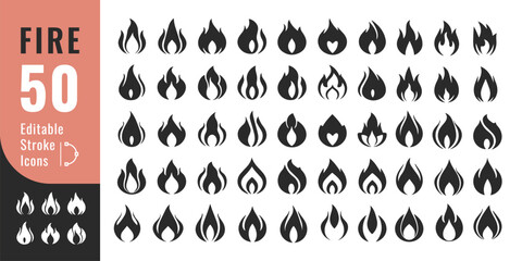 Fire Flame Icons Set – Solid Burn Symbol for Alert, Heat, Safety, UI Design
