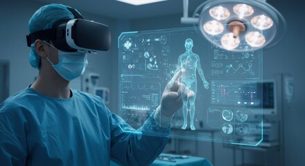 Surgeon man wearing a virtual reality headset and touching a human body hologram. Modern medicine advancement and future healthcare technology.