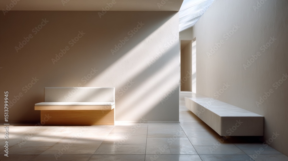 Poster A minimalist interior features a simple wooden bench and a sleek white bench against light tones. Sunlight streams through a skylight, creating a tranquil atmosphere in the open space