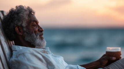 An older man with a content smile savors a drink while relaxing by the beach at sunset, symbolizing serenity and life’s pleasures. The warm colors reflect a peaceful moment of reflection.