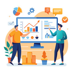 Business team discussing market trends and data analysis on a computer monitor illustration