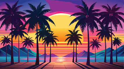 Colorful Palm Silhouettes Background: Vibrant Tropical Designs"	