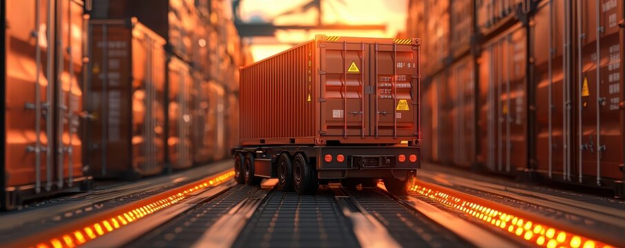 economy trade sustainability concept. A truck transporting a cargo container through a warehouse at sunset. - Powered by Adobe