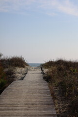 Wooden Boardwalk Leading to a Quiet Beach with Bicycle in View