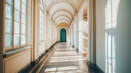 Fototapeta premium A long hallway with a green door in the middle