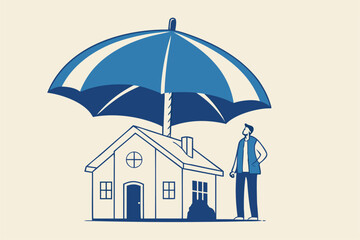 House insurance, home disaster insure coverage or safety or shield for residential building concept, young man house owner with his house under strong cover umbrella.
