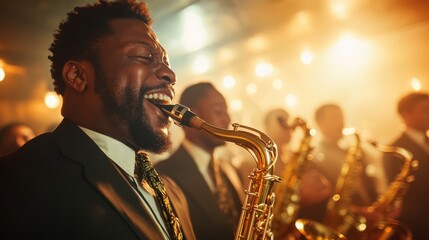A dynamic jazz performer passionately plays the saxophone amidst a warm, glowing atmosphere, embodying the liveliness and emotion present in live music.