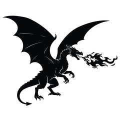 Dynamic dragon silhouette with flames. Ideal for fantasy art, gaming, tattoos, and powerful design themes.

