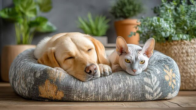 Labrador Sphynx cat beanbag, Labrador Sphynx cat beanbag, Labrador Sphynx cat beanbag in cozy modern home,funny pet lounge moment