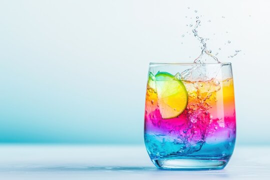 Tiki cocktail beach concept. Vibrant drink with splashes and lime slice in a colorful layered glass.