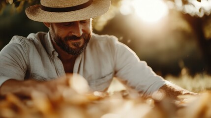 This image captures a smiling man wearing a hat, seated among autumn leaves, basking in the warm glow of sunset, embodying tranquility and appreciation for nature's beauty.