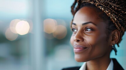 A woman with braided hair smiles gently, portraying confidence and positivity. The soft focus background adds to the serene atmosphere, inviting a sense of calm and tranquility.