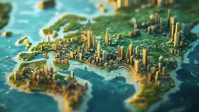 A detailed 3D map of a bustling coastal city surrounded by water, showcasing skyscrapers and greenery