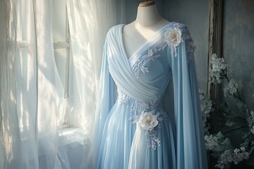 A beautiful pastel blue chiffon gown with fine floral appliques, softly draped on a vintage dress stand illuminated by gentle lighting.,  created by ai