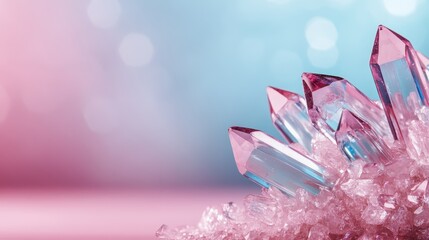 A stunning close-up of sparkling crystal formations against a soft gradient background of pink and blue hues, representing beauty, nature, and artistic craftsmanship.