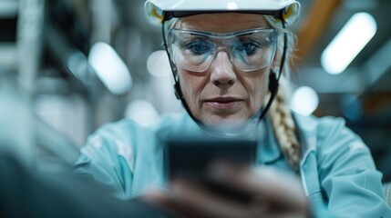 A woman in safety gear intently engages with her smartphone, showcasing concentration and modern technology in an industrial workspace environment filled with machinery.
