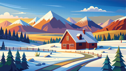 Serene Rural Idaho Winter Landscape with Snowy Fields, Barn, and Mountains	