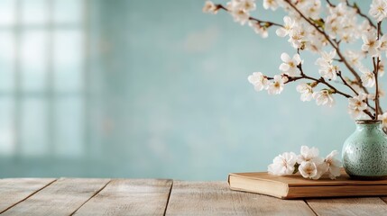 A serene image capturing a branch of cherry blossoms in a simple vase, conveying peace, tranquility, and natural beauty in a softly lit, elegant setting.