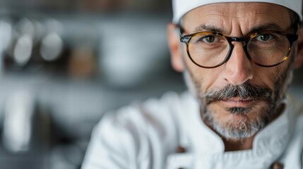 A dedicated chef, wearing a traditional cap, looks intensely at the camera, embodying the passion and craftsmanship that goes into creating exquisite culinary masterpieces.