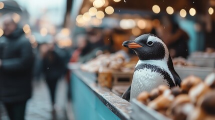 A delightful penguin pops up at a bustling market, surrounded by baked goods and festive lights, showcasing a unique blend of wildlife and human activity during celebrations.