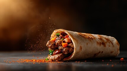 This appetizing burrito, bursting with vibrant ingredients and spices, is artfully displayed against a dramatic dark background, tempting viewers with its savory appeal.