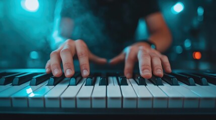 This image captures skilled hands expertly playing a piano, enveloped in dramatic blue lighting, showcasing the artistry of music and the emotion it conveys through expression.