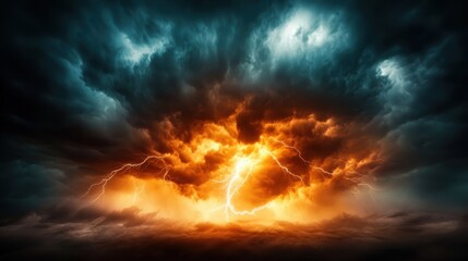 The dramatic image of tumultuous storm clouds, charged with energy and illuminated by flashes of lightning, conveys the raw power of nature and evokes feelings of awe and tension.