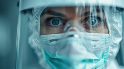 A healthcare worker equipped with protective gear looks intensely at the camera, symbolizing resilience, health, and dedication in the forefront of modern medical challenges.