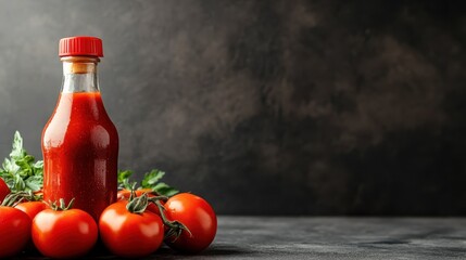 A ketchup bottle stands prominently amid fresh tomatoes, forming a vibrant composition that highlights the freshness of ingredients and the essence of cooking.