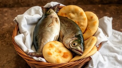 Loaves of bread and fishes, Bible story.