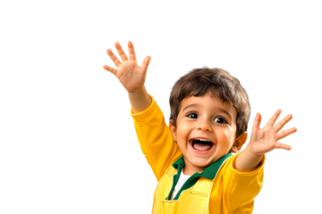 Smiling Asian toddler raising arms in joy, surprise, cut out transparent