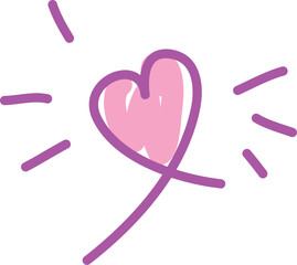 One sparkly heart hand drawn in purple scribbles and casually colored with a pink brush. Doodle sketch heart shape.