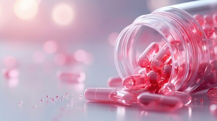A close-up view of spilled pink capsules from a glass jar, showcasing the vibrant colors and details that highlight their pharmaceutical significance and modern design.