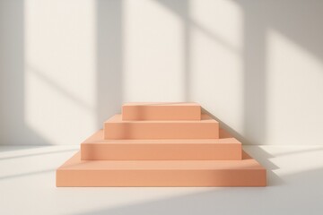 Peach Colored Minimalist Product Display Platform Steps Modern Studio Background Three Tiered Geometric Shape Pastel Orange Mockup Scene Sunlight Shadows Elegant Showcase Advertising Template         