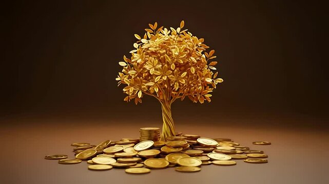 A golden tree made of leaves stands atop a pile of coins, symbolizing wealth and prosperity