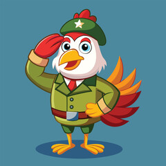 Cartoon chicken soldier saluting in military uniform and beret on a blue background