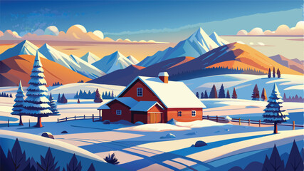 Serene Rural Idaho Winter Landscape with Snowy Fields, Barn, and Mountains	
