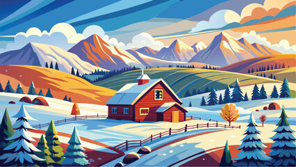 Serene Rural Idaho Winter Landscape with Snowy Fields, Barn, and Mountains	