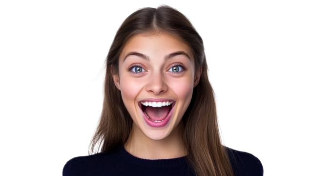Excited woman smiles with mouth open in joyous expression, cut out transparent