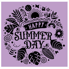 "Bright and cheerful summer vacation vector illustration featuring beach elements like palm trees, sun, sea, suitcase, and flip flops. Perfect for travel promotions, holiday banners, posters, and seas
