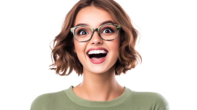 Thrilled lady with spectacles, mouth open, expression, cut out transparent