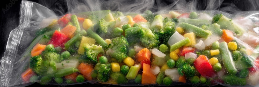Poster opened bag of frozen stir fry mix releasing steam in a kitchen setting with a focus on colorful vege