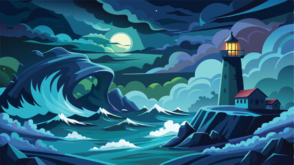 Stormy Night at Sea with Waves Against Lighthouse – Dark Ocean Vector Scene	